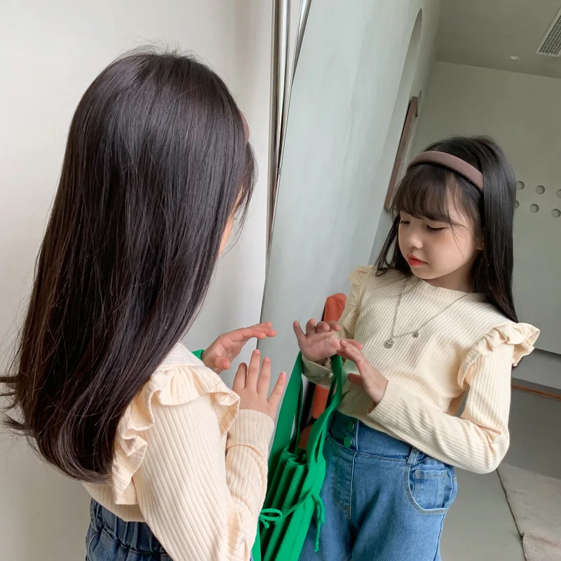 2024 Spring Autumn New 2 3 4 6 8 10 Years Baby Tops Ins Tees Solid Color All Match Flying Long Sleeve T-Shirt For Kids Girls