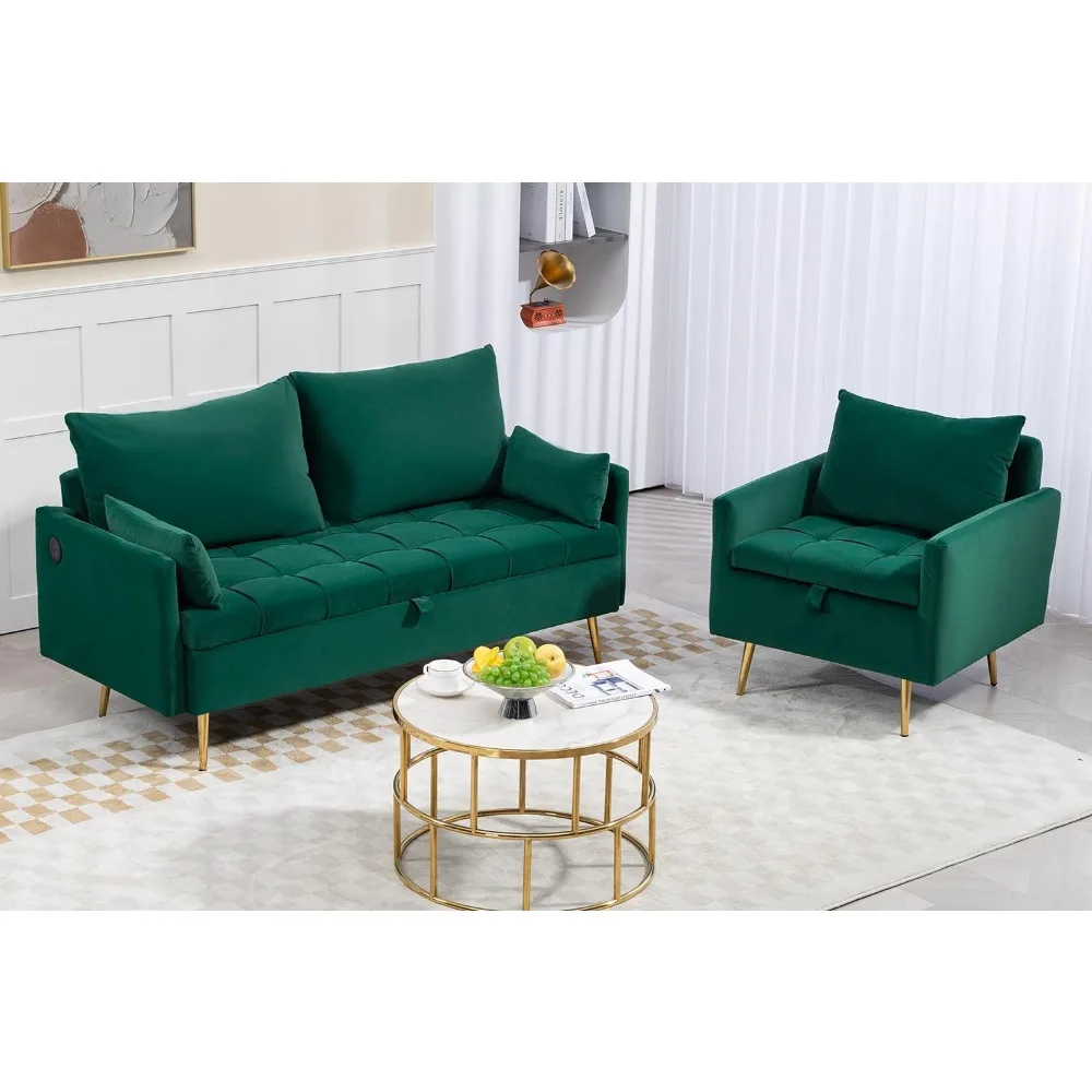 

2 Piece Living Room Sofa Set, Loveseat Sofa Couch with Storage, Soft Backrest & Type C, Mid Century Modern Accent Chair with