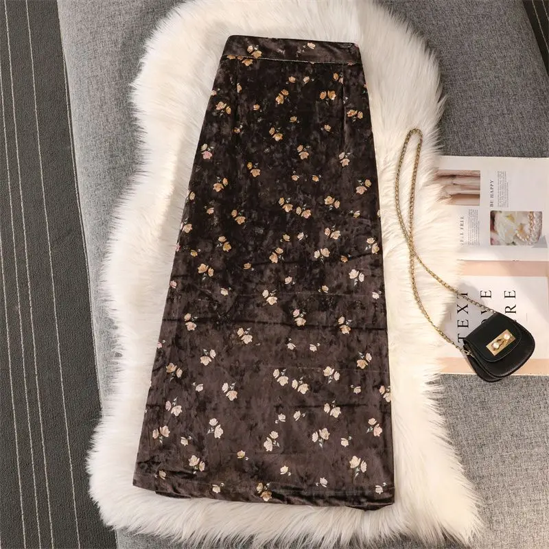 

Half Length Skirt Autumn and Winter New Style Retro French Gold Velvet Heavy Industry Slimming Floral Print Long Skirt for Women