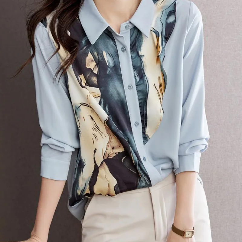 Women\'s Clothing Long Sleeve Printed Spliced Blouse 2022 Spring Autumn Elegant Commute Turn-down Collar Single-breasted Shirt