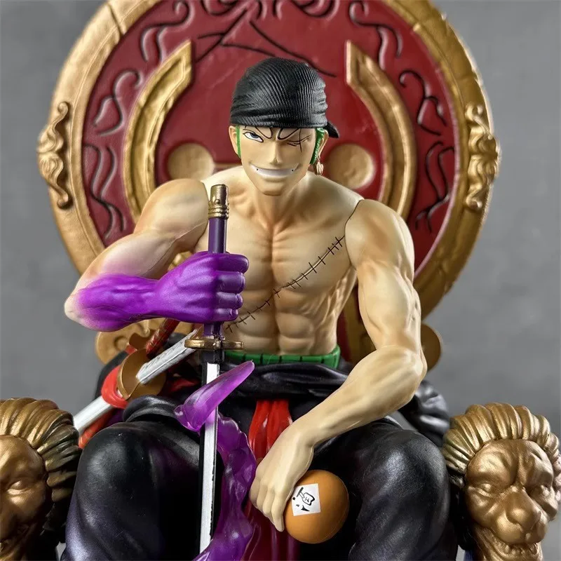 

One Piece Zoro Gk Three Sword Style Figure Dual Head Sculpt Throne Sitting Anime Statue Boxed Desk Decor Model Collectible Toy