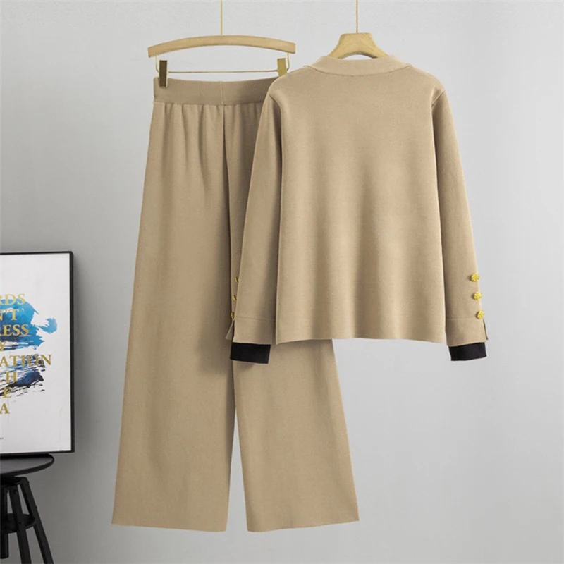 Fall Winter Warm Soft Knitted 2 Piece Sets Casual V-neck Cardigan Sweater Coats Tops Conjunto Elegant Wide Leg Pants Ensembles