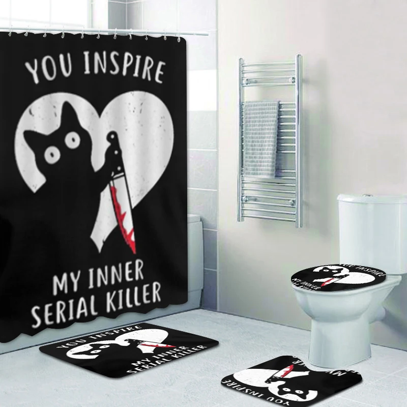 Funny You Inspire My Inner Serial Killer Cat Shower Curtain Set for Cat Lover Bathroom Curtain Cute Kitten Bath Rugs Mats Decor