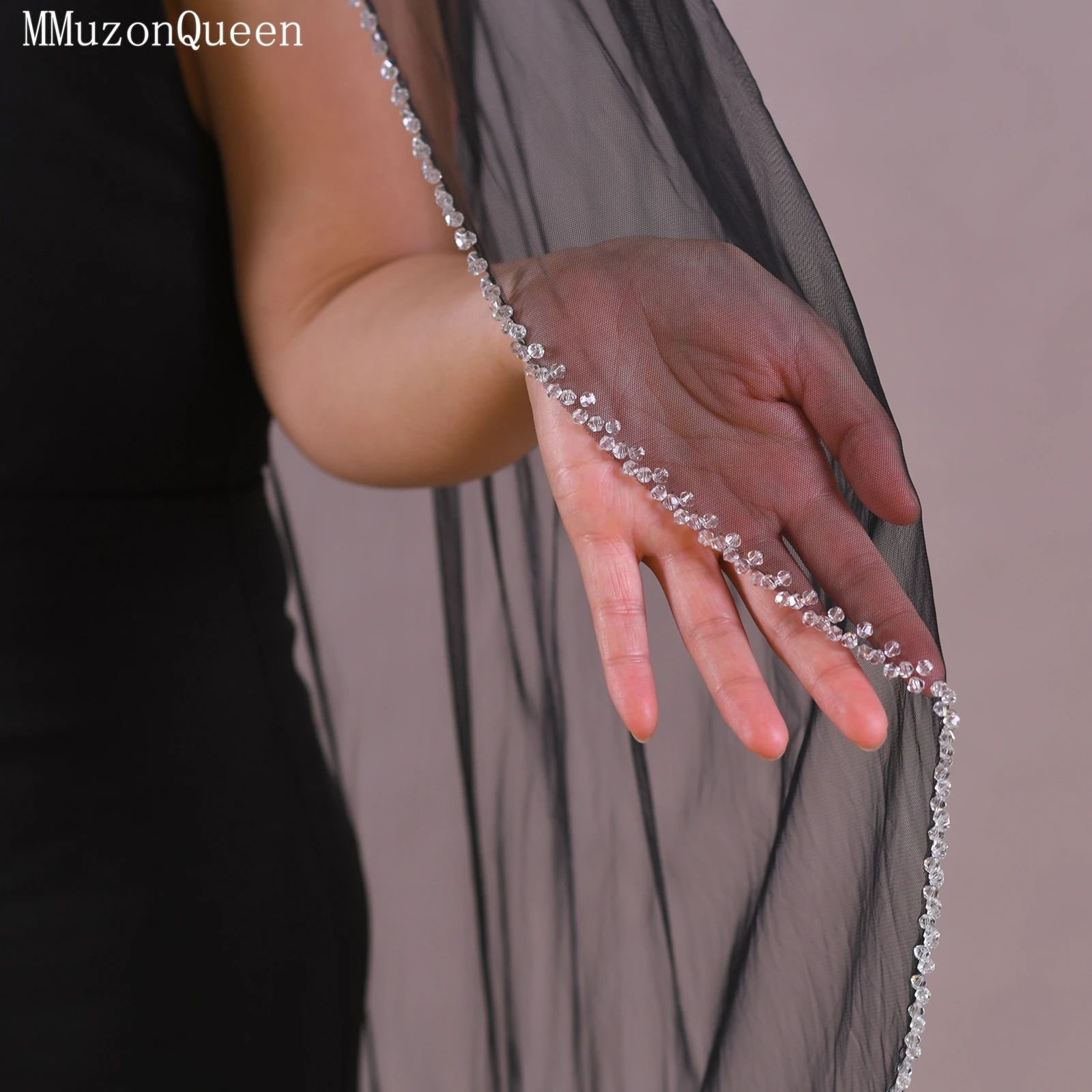 

TOPQUEEN V248 Черная фата с кристаллами по краю, винтажная свадебная фата, однослойная, высококачественные свадебные аксессуары для головы