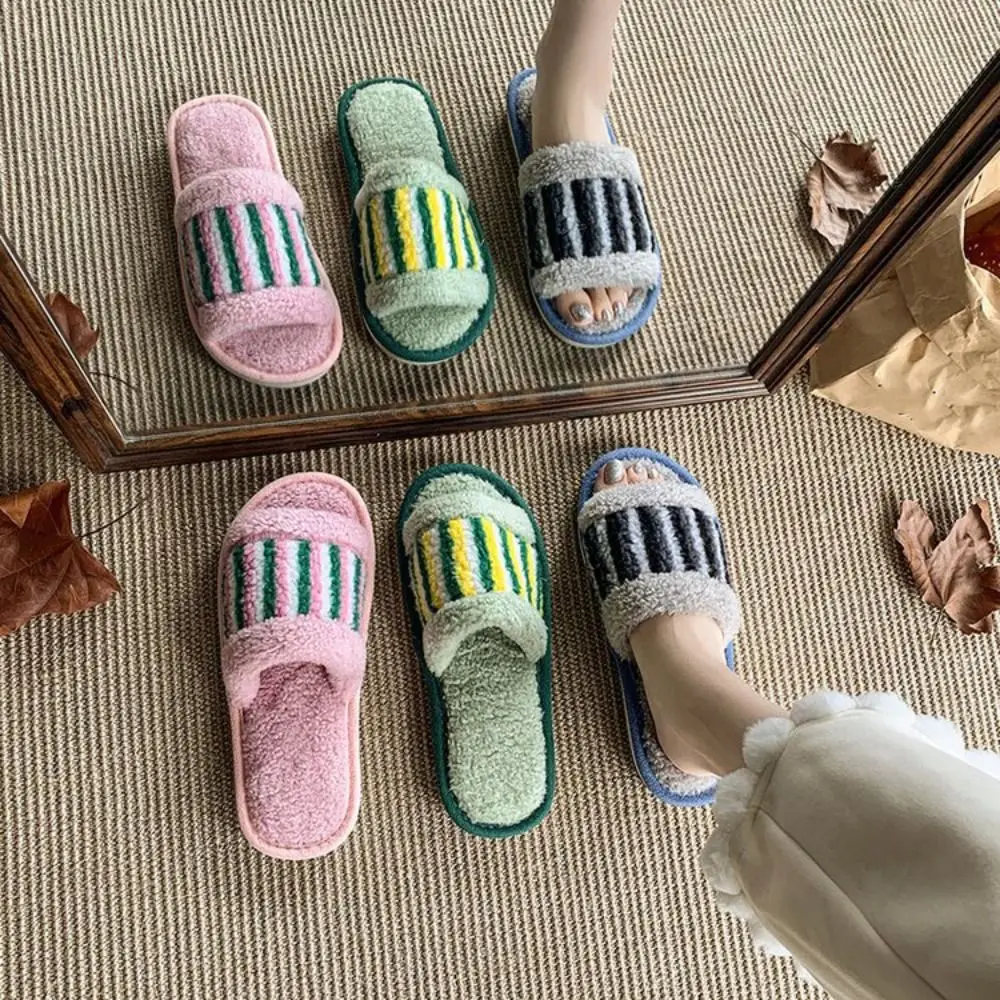 

Fashion Stripe Plush Warm Slippers Patchwork Non-Slip Winter Indoor Slippers Thicken Durable Soft Home Slippers Dormitory