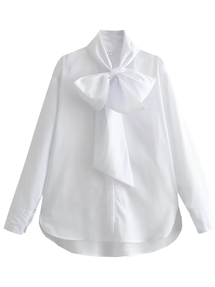 Zevity 2024 New Women Fashion Bow Collar White Poplin Smock Blouse Office Lady Long Sleeve Shirt Chic Chemise Blusas Tops LS5912