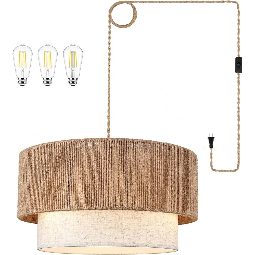

18 Rattan Chandelier with Linen Shade, E26 Switch, Ideal for Dining, Living, and Kitchen Spaces
