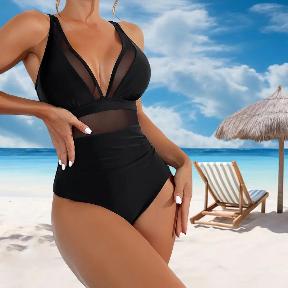 ชุดว่ายน้ำเซ็กซี่แบบวันพีชชุดว่ายน้ำตาข่ายคอวีมีสไตล์สำหรับผู้หญิงชุดโมโนกินี่เปิดหลังเซ็กซี่มีลายเย็บปะหลากสีสำหรับฤดูร้อน