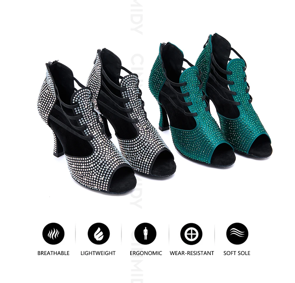 CINMIDY Schwarze Latein-Tanzschuhe für Damen, Salsa-Tanzschuhe mit Strass, Weiche Sohle, Ballsaal-Tanzsandalen, Party-High-Heels – Detail 4