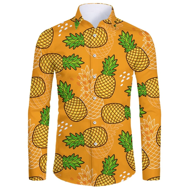 Newest Pineapple Shirts 3d Print Shirts Men's Beach Blouse Men's Vocation Lapel Long Sleeve Shirt Hawaiian Camisas Men's Clothes