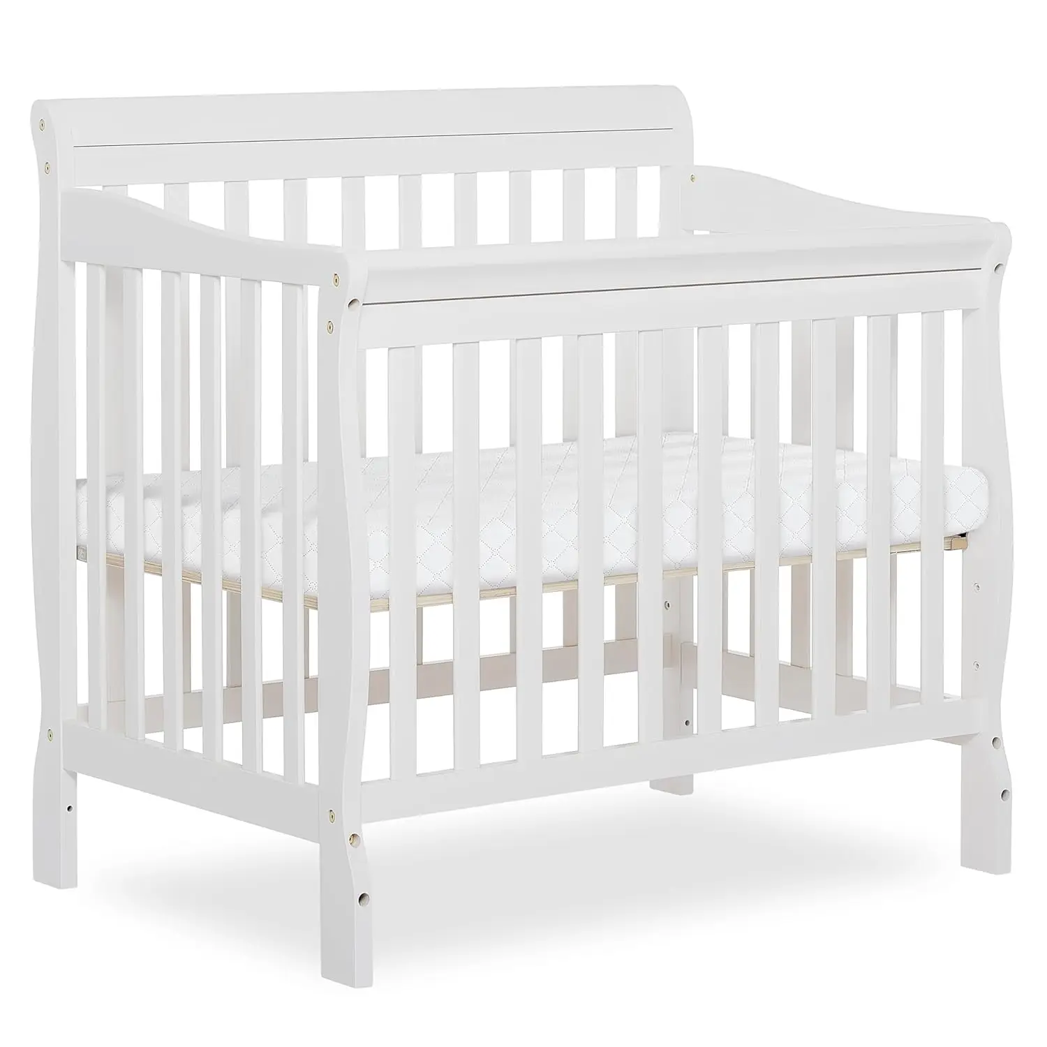 Aden 4-in-1 umwandelbares Mini-Babybett in Weiß, GreenGuard Gold & JPMA, nachhaltiges Kiefernholz, ungiftiges Finish, 3 Matratzen