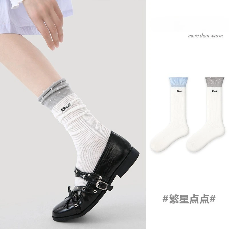 3Pcs Spring and Summer Thin Calf Socks College Style Lace Polka Dot Stacking Socks Children's Medium Tube Socks