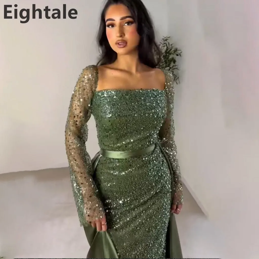 Glitter Army Green Mermaid Evening Dress Sequin Long Sleeve Train Prom Dress Dubai Formal Party Gown Customized image 2