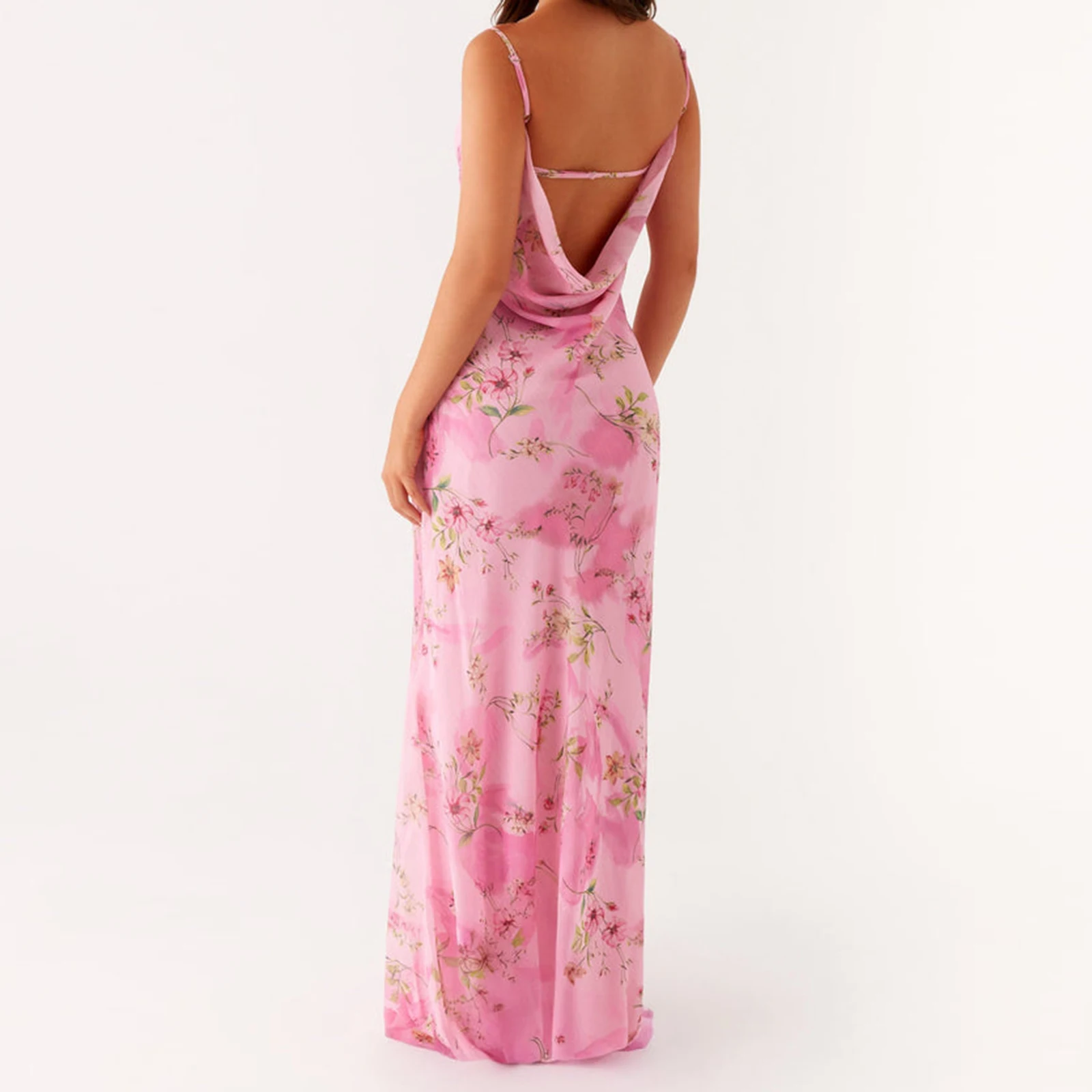 Boho ผู้หญิงฤดูร้อนชุด Cami ยาวแขนกุดเปิดกลับดอกไม้พิมพ์สปาเก็ตตี้ชุดเซ็กซี่ชุดเปลือย Clubwear