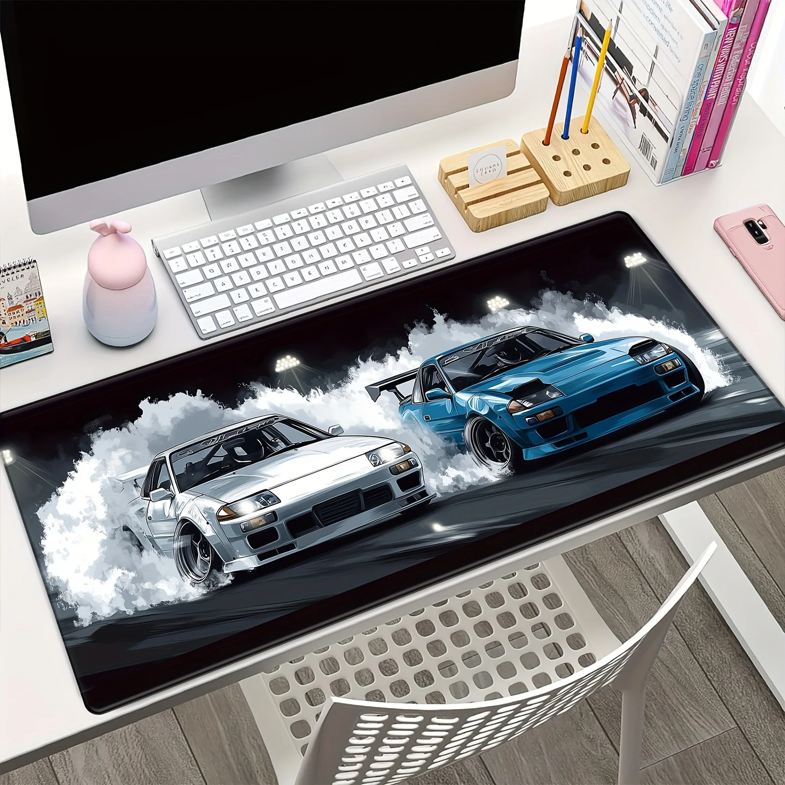 Extended Gaming Mouse Pad with Non-Slip Rubber Base Drift Car JDM R34 Desk Mat Rubber for Computer Keyboard Office Supplies Desk