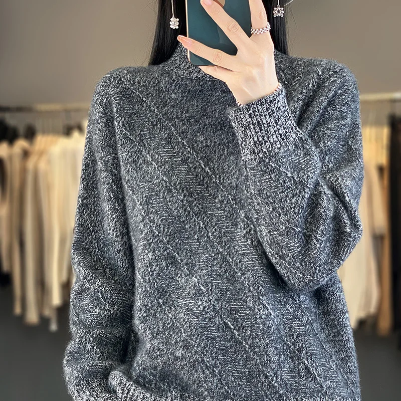 2024 New Sweater Half High Neck Pullover Casual Knitted Loose Top 100% Pure Wool Long sleeved Bottom Shirt Spring Fashion Korean