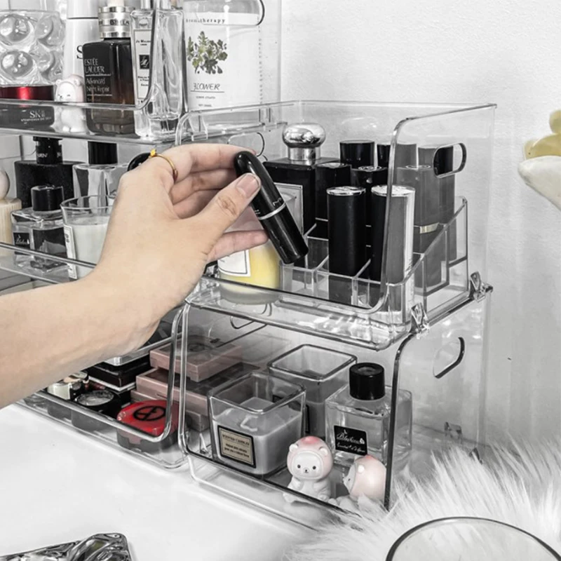 Transparent Desk Organizer Acrylic Storage Jewelry Makeup Box Stackable Organization Holder Home Dormitory School