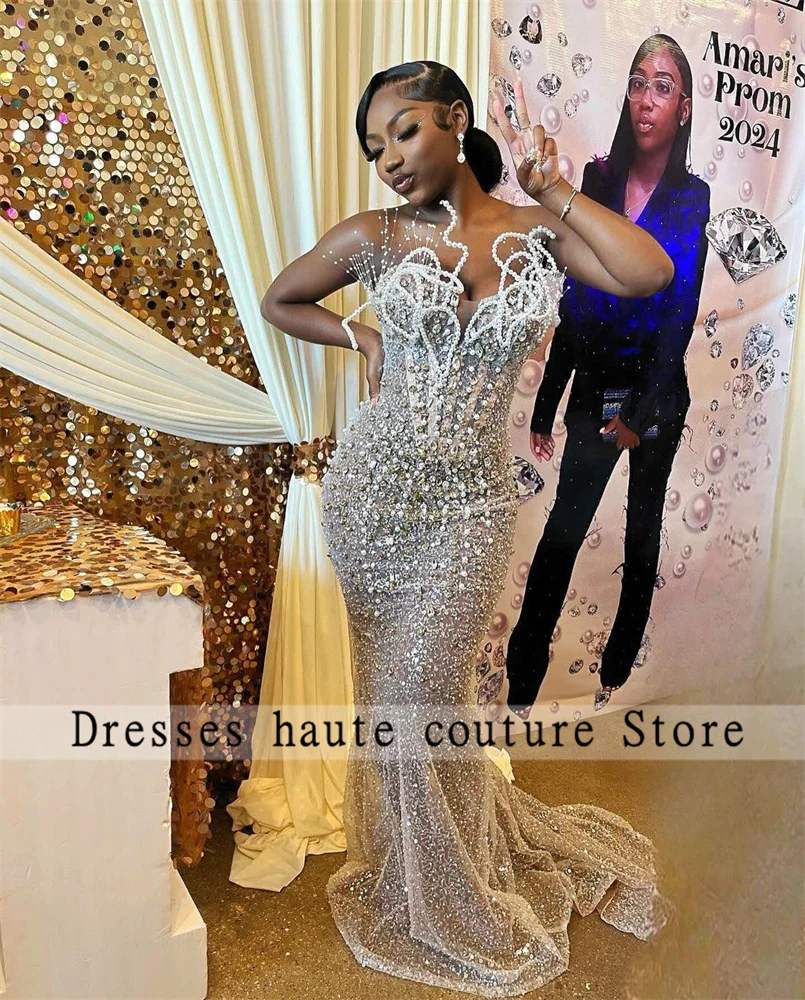 

Aso Ebi Sparkly Silvers Sequin Prom Dresses Black Girls 2025 Beading Mermaid Party Gowns African Women Evening Dress Customized