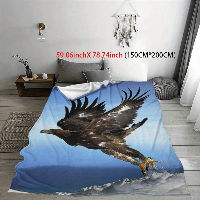 1pc Majestic Eagle Print Flannel Blanket - Soft, Warm, All-Season Throw with Vibrant Blue Sky & Snowy Mountain Design, Perfect f