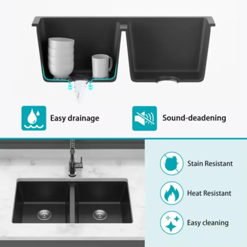 

ATV Undermount Double Bowl Kitchen Sink With Drainboard 33x19 Inch, Black Composite Quartz Granite Modern Sink Set