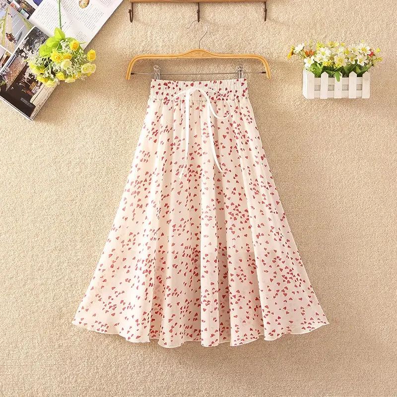 Women\'s Floral Skirt High Waist Long 2024 Printed Chiffon Skirt Summer Woman Skirts Mujer Faldas Saias Mulher