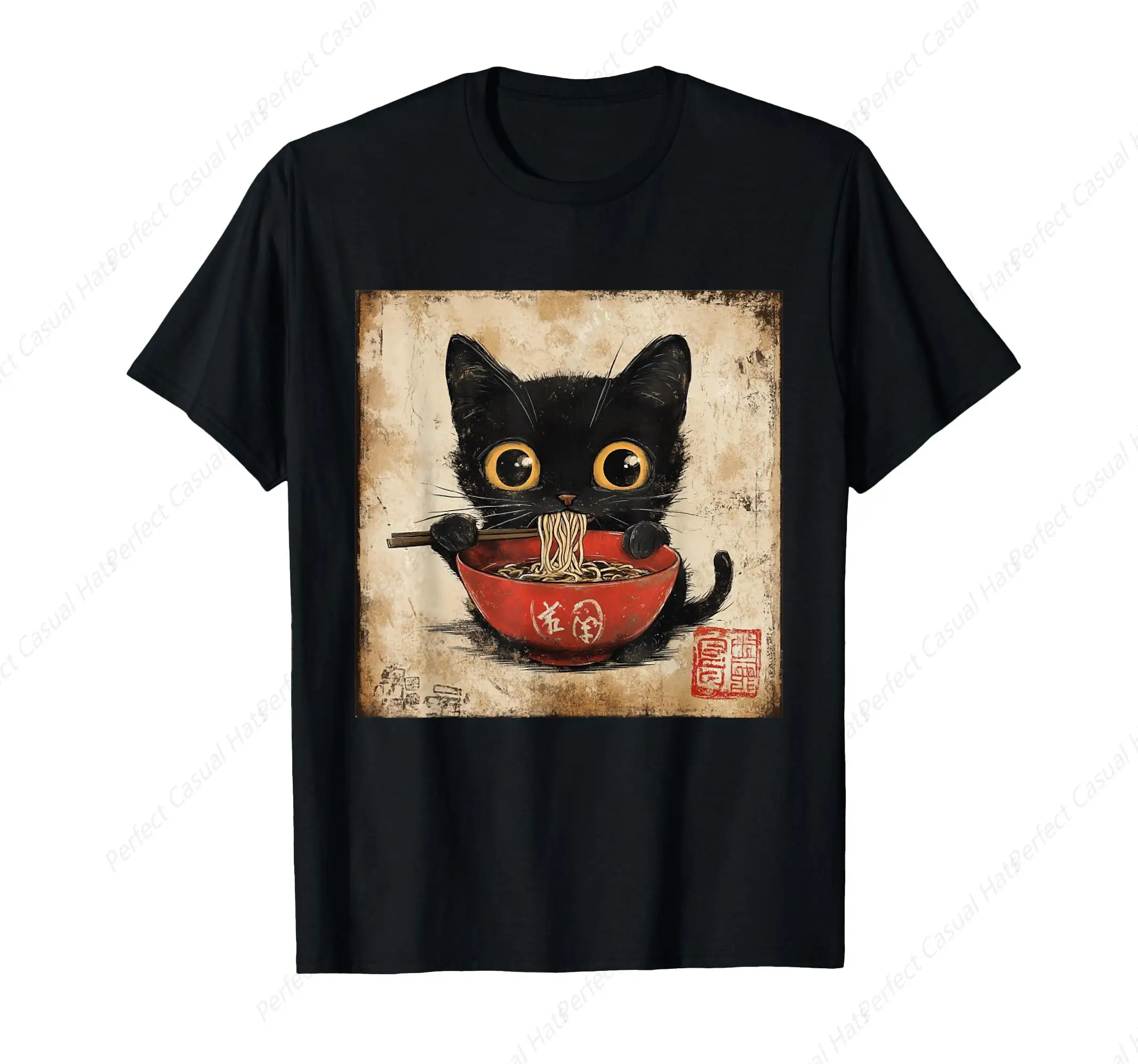 

Retro Cat Ramen Noodle Japanese Art Funny Graphic Anime Kawaii Cat T-Shirt Men Women Cotton Shirt