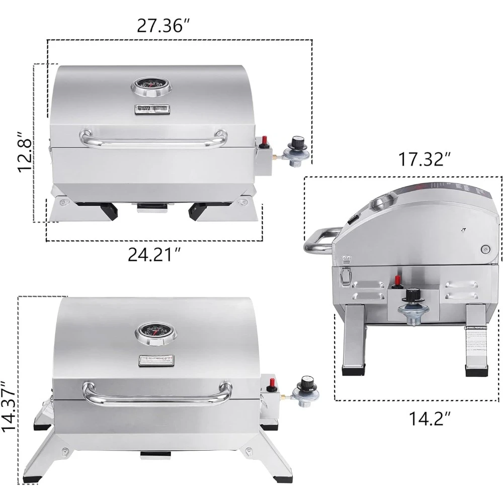 Gas Grill with Folding Legs and Lockable Lid Deck and Tailgating Bar, Silver Tabletop, Outdoor Camping, Free Shipping