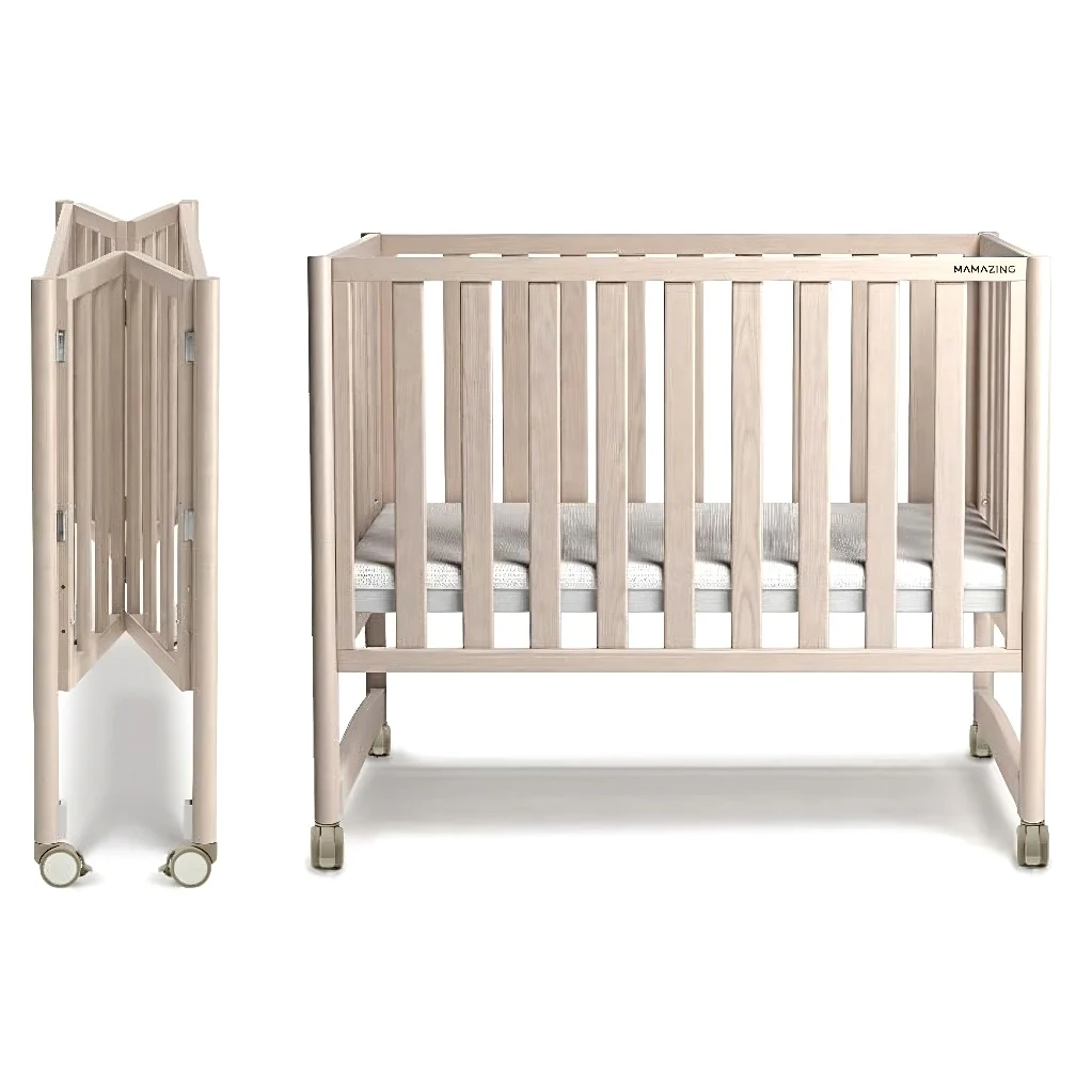 Mini cuna 6 en 1 con ruedas extraíbles y colchón 4 alturas ajustables 100% madera de pino de Nueva Zelanda lavada natural