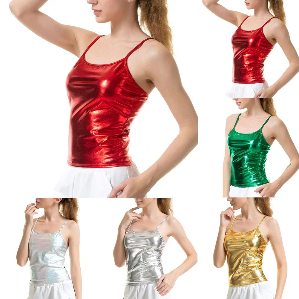 

Women Sexy Shiny Wetlook Crop Oily Shiny Vest Crop Top Tank Top Solid Color All Season Dance Clubwear Fantasy Leather Bustier