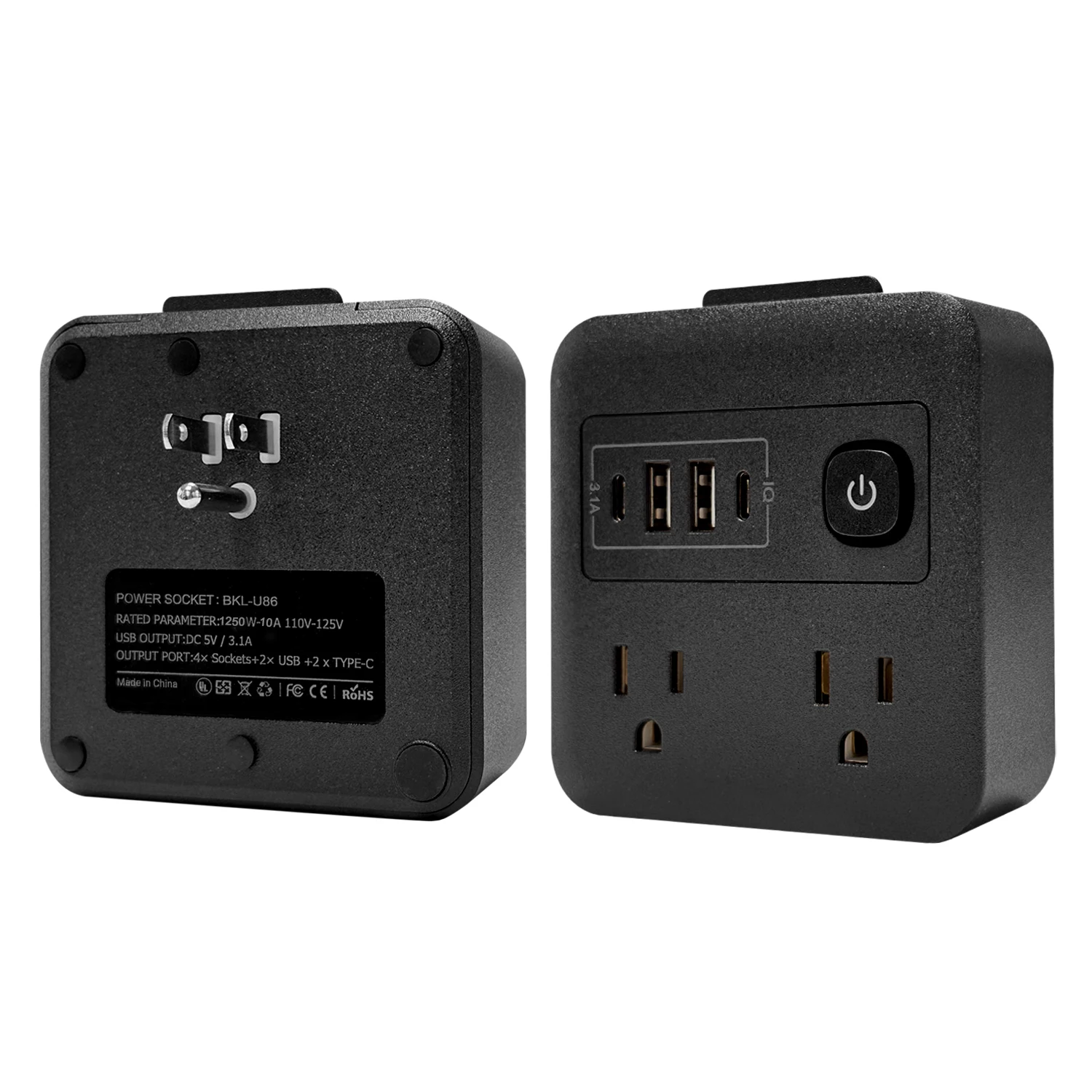 Regleta de alimentación con 4 salidas de CA, enchufe estadounidense, extensión de enchufes eléctricos con cargador 4 USB C, 10A, 125V, 1250W, Protector contra sobretensiones, filtro de red