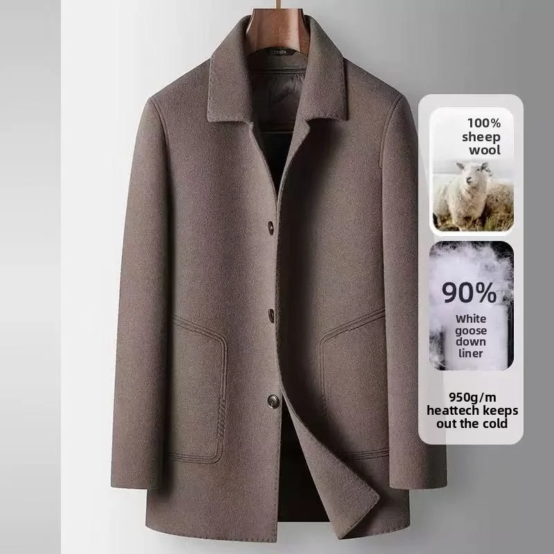 

2025 Winter New Hand Sewn Men's Woolen Coat 100% Pure Wool Detachable Goose Down Inner Tank Thickened Warm Business Coat