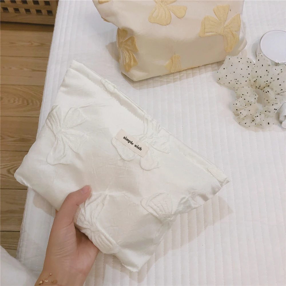 Korean Kawaii Bow Cute Women\'s Cosmetic Bag Cute Beauty Case Zipper Organizer Pouch for Makeup Cotton Clutch Bags Pencil Case