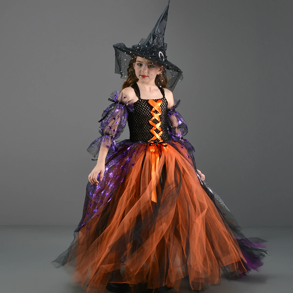 Orange Black Witch Gown Tutu Dress with Witch Hat Broom Kids Full Length Halloween Costume Girls Carnival Party Disguise Outfit