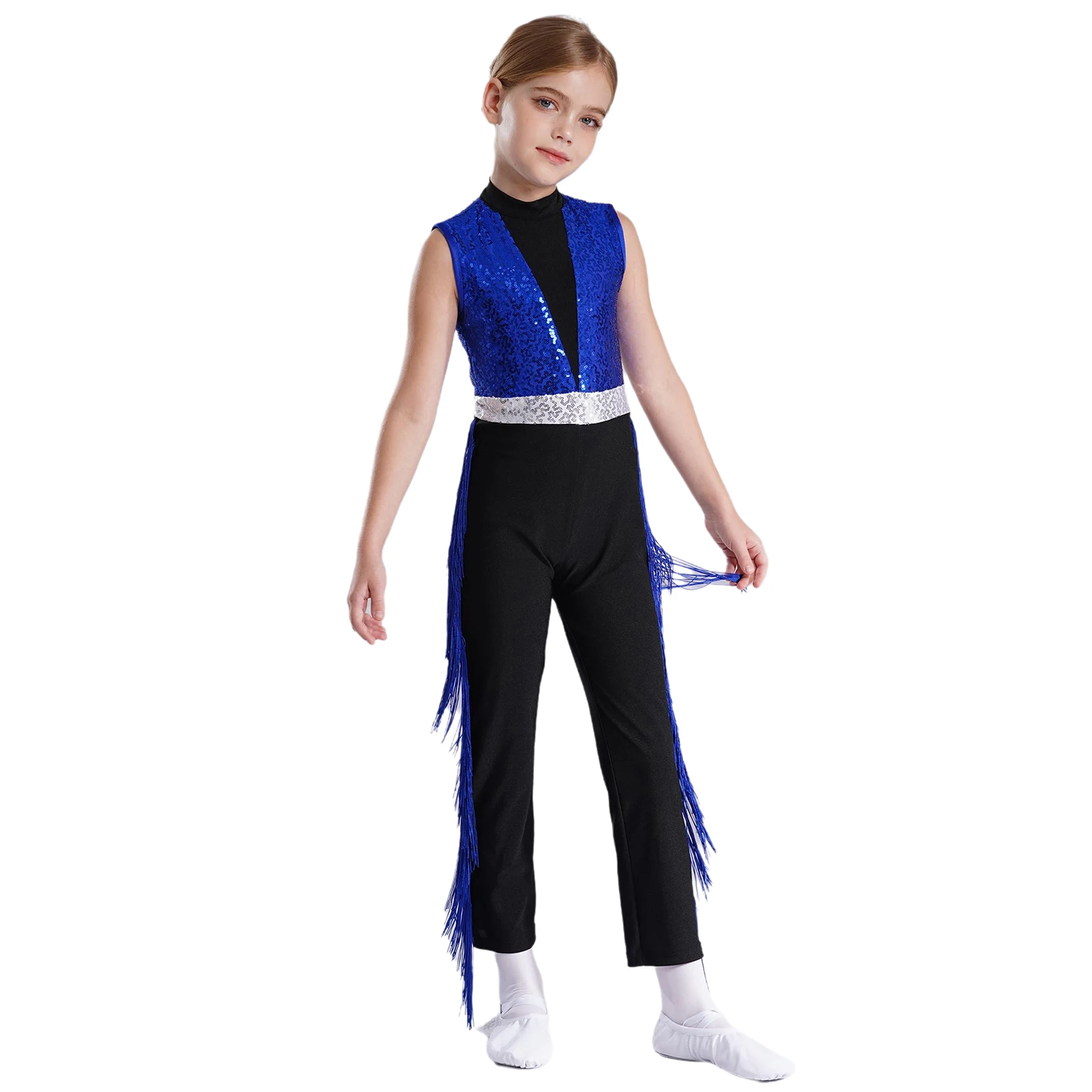 

Sequins Fringe Bodysuit 70s Hippie Jumpsuit For Kids Girls Tassel Modern Jazz Latin Dance Stage Performance Competition Costume