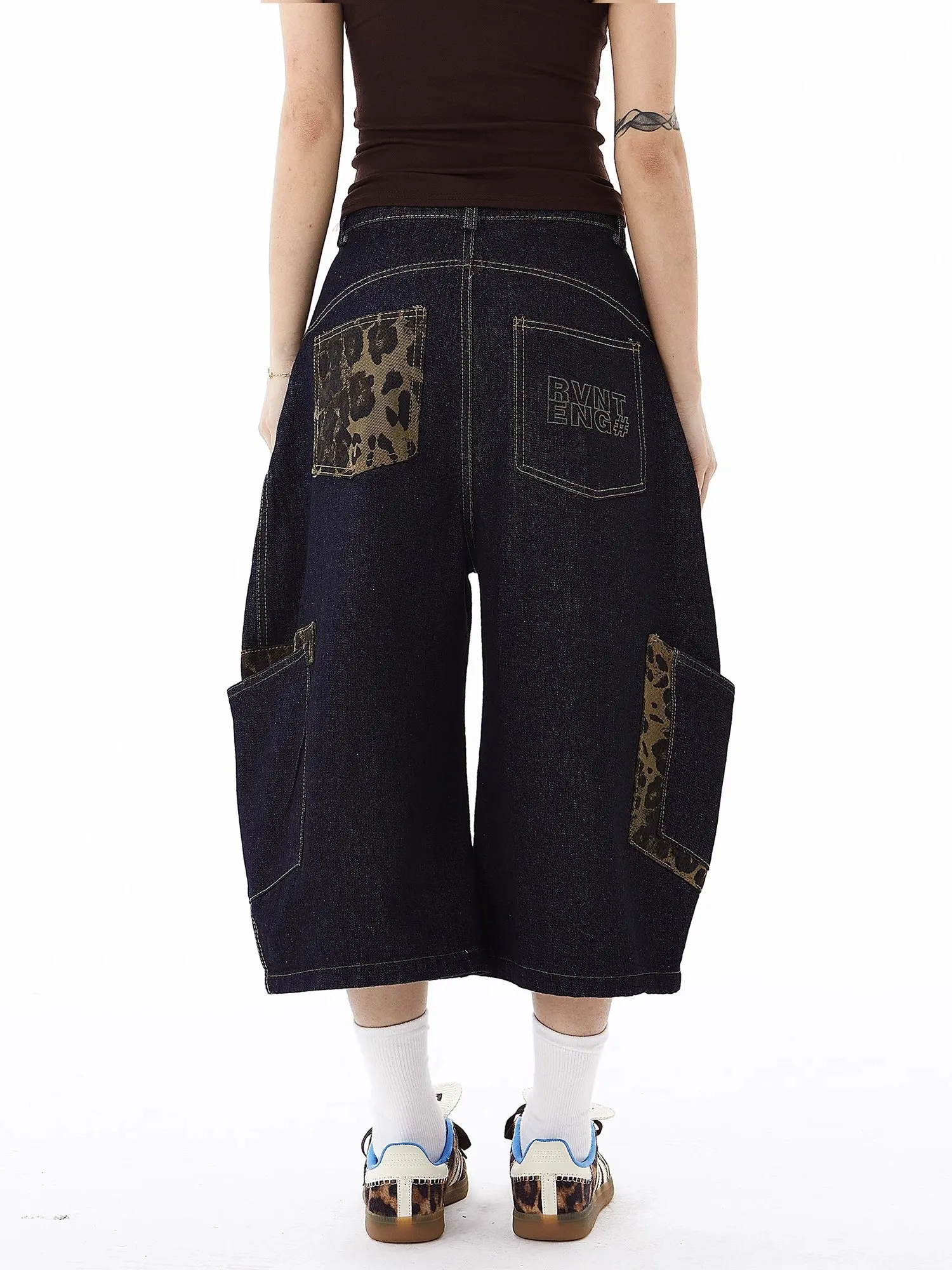 

Ретро американский леопардовый принт ket джинсы с ножом свободные широкие брюки для мужчин и женщин модные повседневные летние джинсы в стиле хип-хоп на семь футов