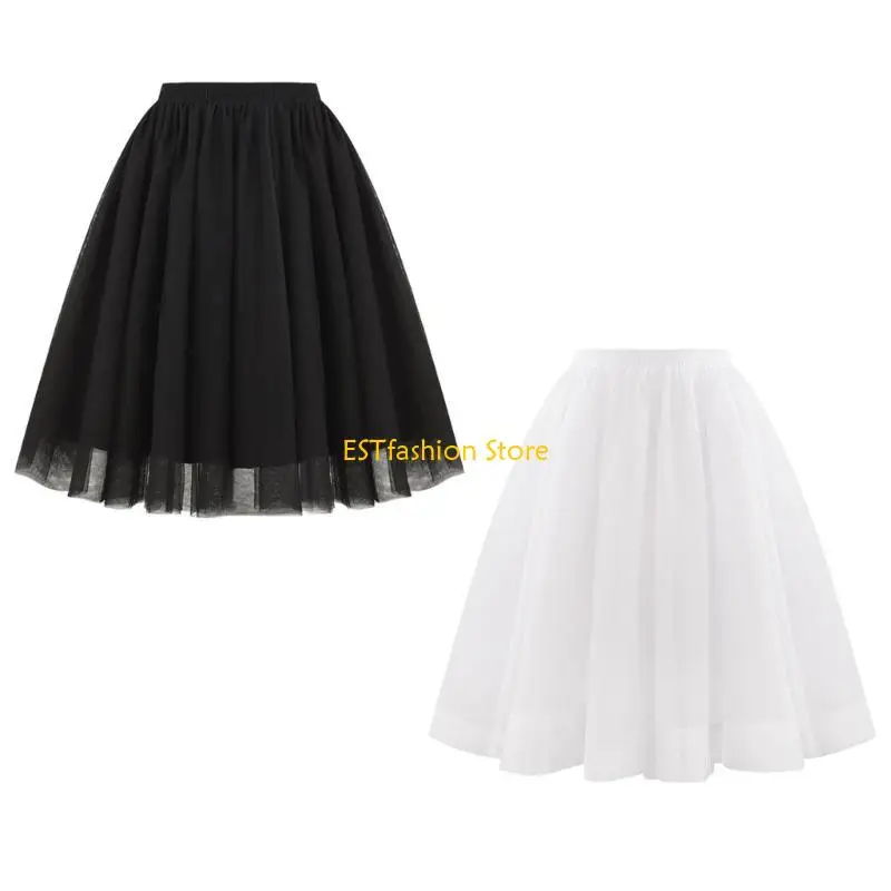Y5GC Elegant High Waist Pleated Midi Skirt Mesh Short Dress Layered Skirts for Women