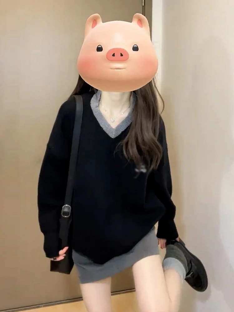 Lockerer V-Ne-Strickpullover für Damen, Herbst und Winter, Faion Lazy Sle Overhead Top, Bla, einteilige Freizeitkleidung für Teenager