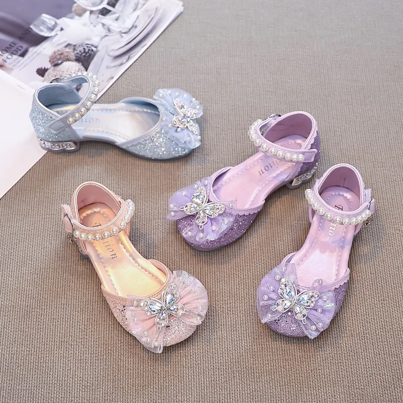 Girls Half Sandals Children Sequins Princess Sandals with Lace Butterfly Kids Toes Capped Low Heel Party Dress Shoes Size 26-34