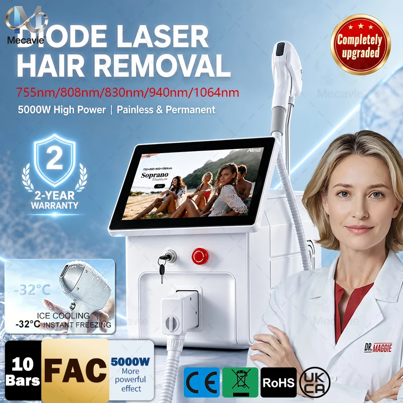 5 Wavelength Diode Laser Hair Removal Machine 755/808/830/940/1064nm 5000W Energy Enhancement -32℃ Ice Cooling  Epilation Device