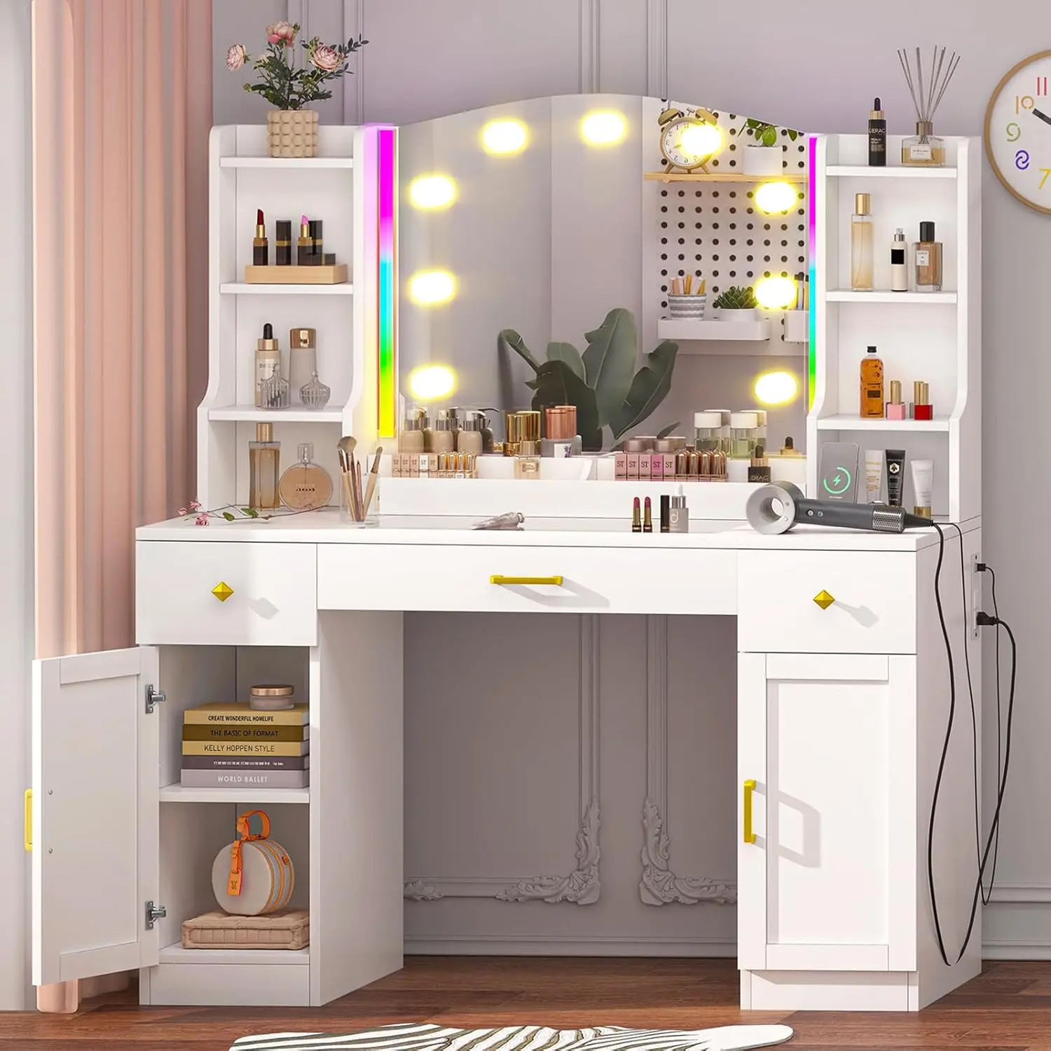 White Makeup Vanity Desk with Mirror and Lights, Large Vanity Table with Charging Station & LED Lights, Makeup Vanity with Light