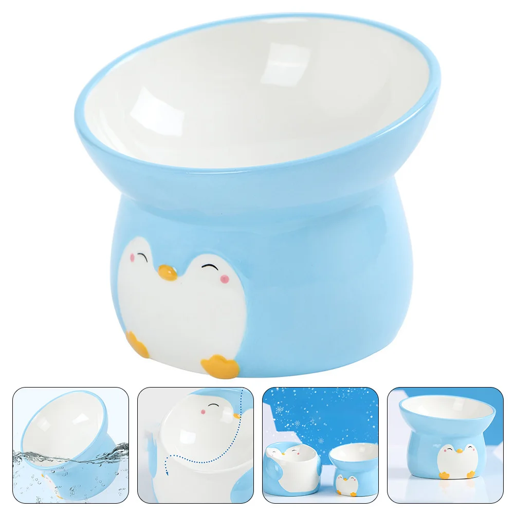 

Penguin Pattern Elevated Cat Bowl Slanted Mouth Design Waterproof Washable Pet Food Feeder for Cats Small Medium Dogs