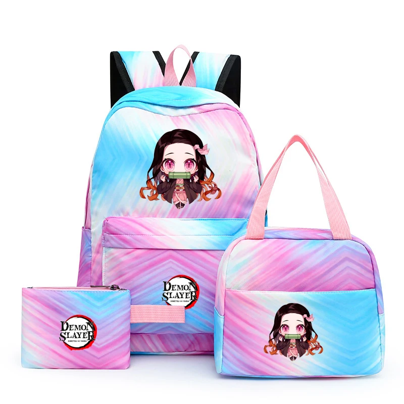 3 unids/set Anime Demon Slayer Mochila estuche para lápices bolsa de almuerzo niños niño niña Kawaii Mochila escolar Mochila de viaje para mujer Mochila