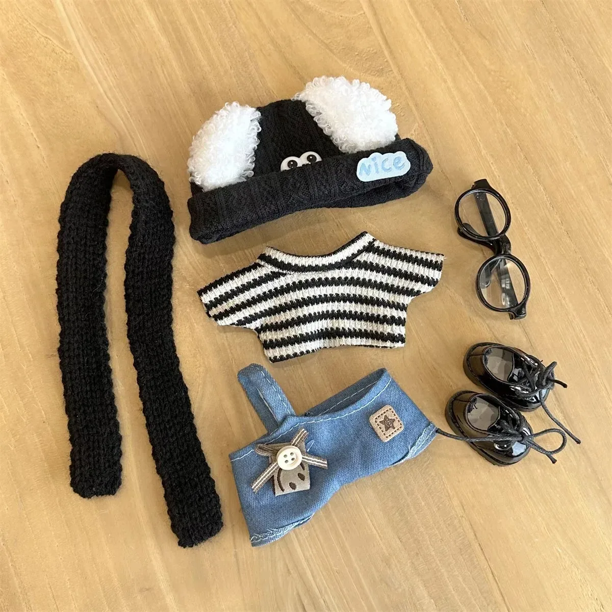 Set di vestiti firmati Labubu V1/V2 da 17 cm - Cappello per cani alla moda e cinturino in denim con camicia a righe, Ropa alla moda per bambole Kawaii