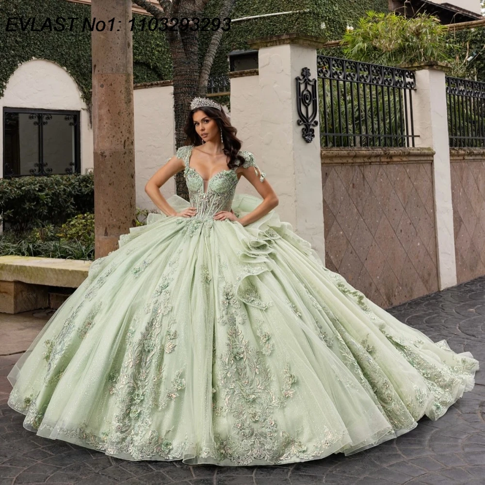 

EVLAST Customized 2026 Sage Green Ball Gown Quinceanera Dress Lace Applique Beading Bow Sweet 16 Vestidos De 15 Anos E1QN312