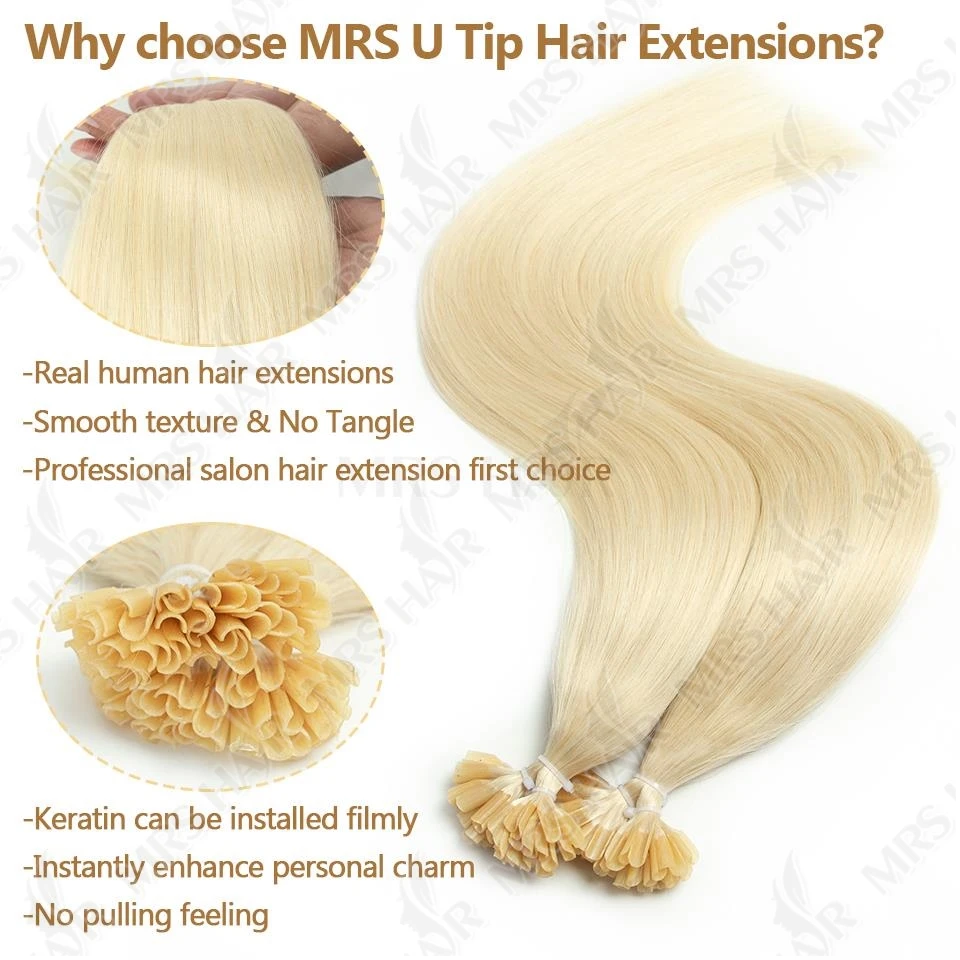 MRSHAIR U Tip Fusion Estensioni dei capelli Punte per unghie Capelli umani Italiana 1,5 cm Lunghi legame per capelli alla cheratina 12 16 20 24 pollici 50 fili