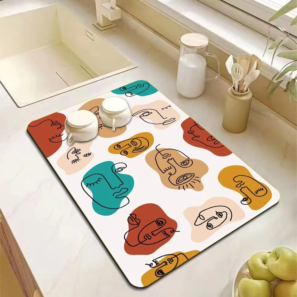 VIKAMA Abstract Line Face Art Dish Drying Mat Absorbent Non Slip Waterproof Kitchen Sink Coffee Machine Counter Draining Pad