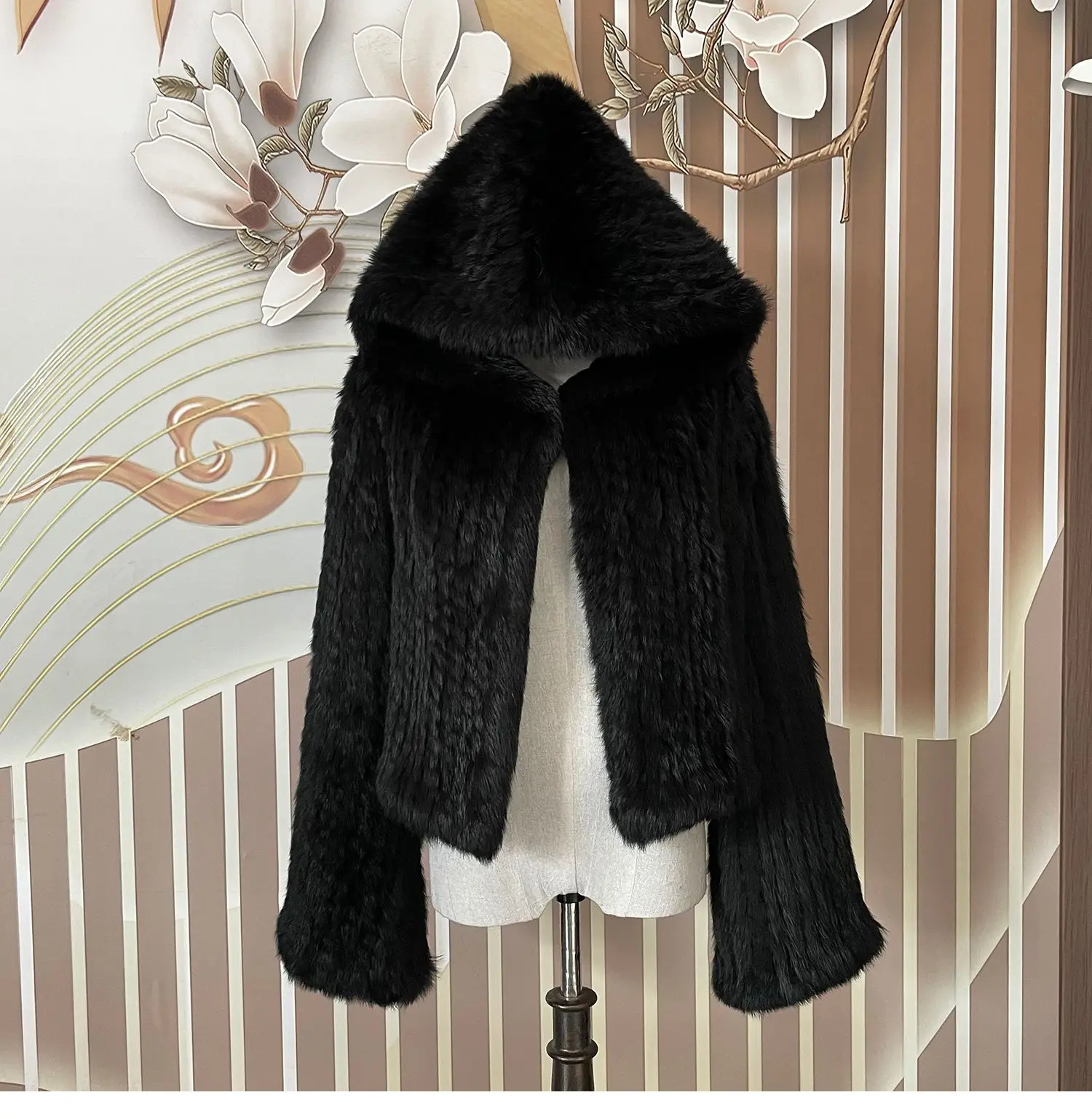 Long Sleeve Casual Loose Knitted Real Rabbit Fur Hooded Coat Women Genuine Natural Rabbit Fur Outwear Female Fur Jacket