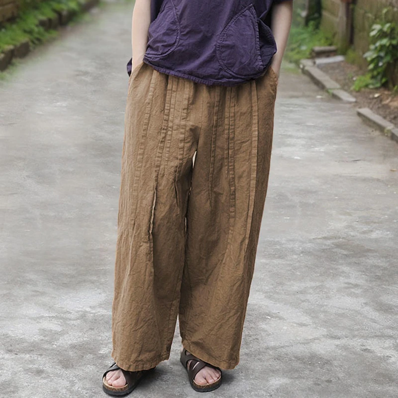 

High Quality Cotton Linen Casual Pants Women New 2025 Spring Vintage Style Plain Color Loose Female Straight Trousers M1525