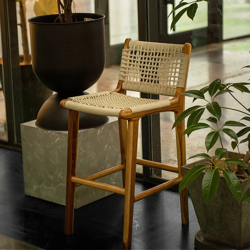 

Solid wood high chair, rattan weaving, leisure home, bar , chair, café, home, dining , stool, saddle leather, Nordic