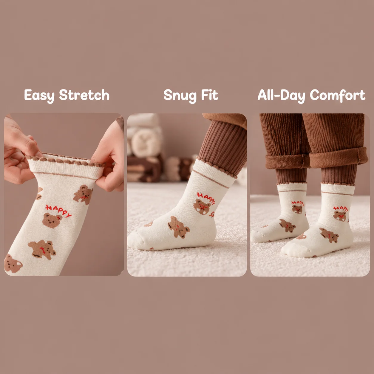 5 Paar Kinder-Winter-Thermo-Frotteesocken, niedliche Bärenmuster, dicke, warme, mittelhohe Socken für Jungen und Mädchen, 1–14 Jahre, weiche, nahtlose Zehensocken. – Detail 2